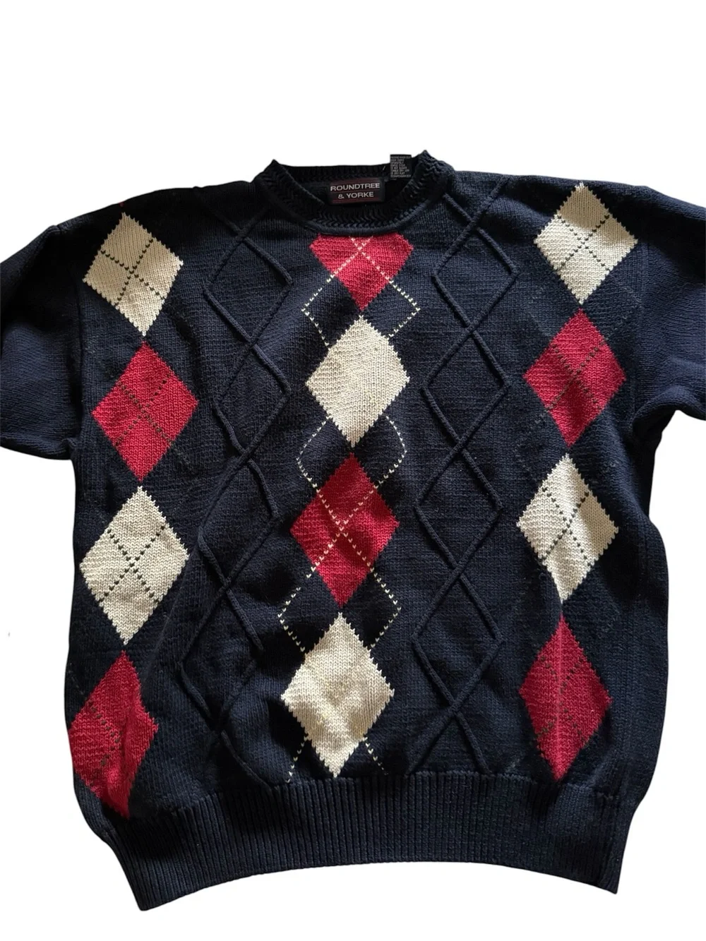 Roundtree & Yorke Men's Navy Argyle Crewneck Sweater - Navy/Red/Cream